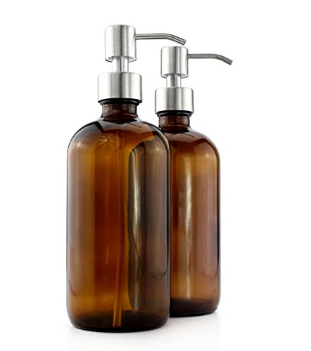 Cornucopia 16-Ounce Amber Glass Bottles w/Stainless Steel Pumps (2-Pack); Lotion & Soap Dispenser Brown Boston Round Bottles for Aromatherapy, DIY, Home & Kitchen