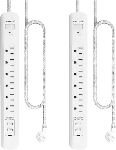 2 Pack Power Strip Surge Protector - 6 Outlets 3 USB Charging Ports (1 USB C), 5Ft Extension Cord, Flat Plug, Overload Protection, Wall Mount for Office Home, Dorm Room White