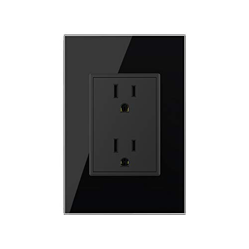 LIVOLO Black Duplex Receptacle 15A Standard Decorative Electrical Wall Outlet with Tempered Glass Panel,AC 110~220V, US Standard Wall Powerpoints Without Plug, VL-C5C2US-12