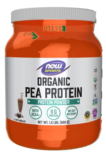NOW Sports Nutrition, Certified Organic Pea Protein, 11g With BCAAs, Creamy Chocolate Powder, 1.5-Pound