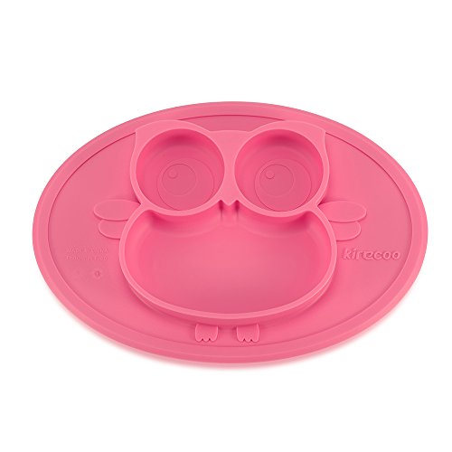 Kirecoo Baby Placemat Owl Round Silicone Suction Feeding Plate for Children, Kids, Toddlers,Kitchen Dining Table,Restaurant with Built in Plates and Bowl (Pink)