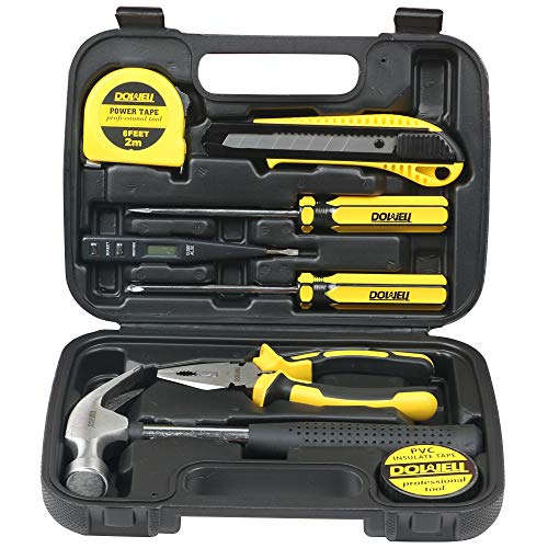 DOWELL Small Homeowner Tool Set 9 Pieces General Household Small Hand Tool Kit with Plastic Tool box Storage Case