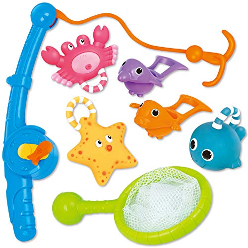 Book Cover Bath Toy, Fishing Floating Squirts Toy and Water Scoop with Organizer Bag(8 Pack), KarberDark Fish Net Game in Bathtub Bathroom Pool Bath Time for Kids Toddler Baby Boys Girls, Bath Tub Spoon