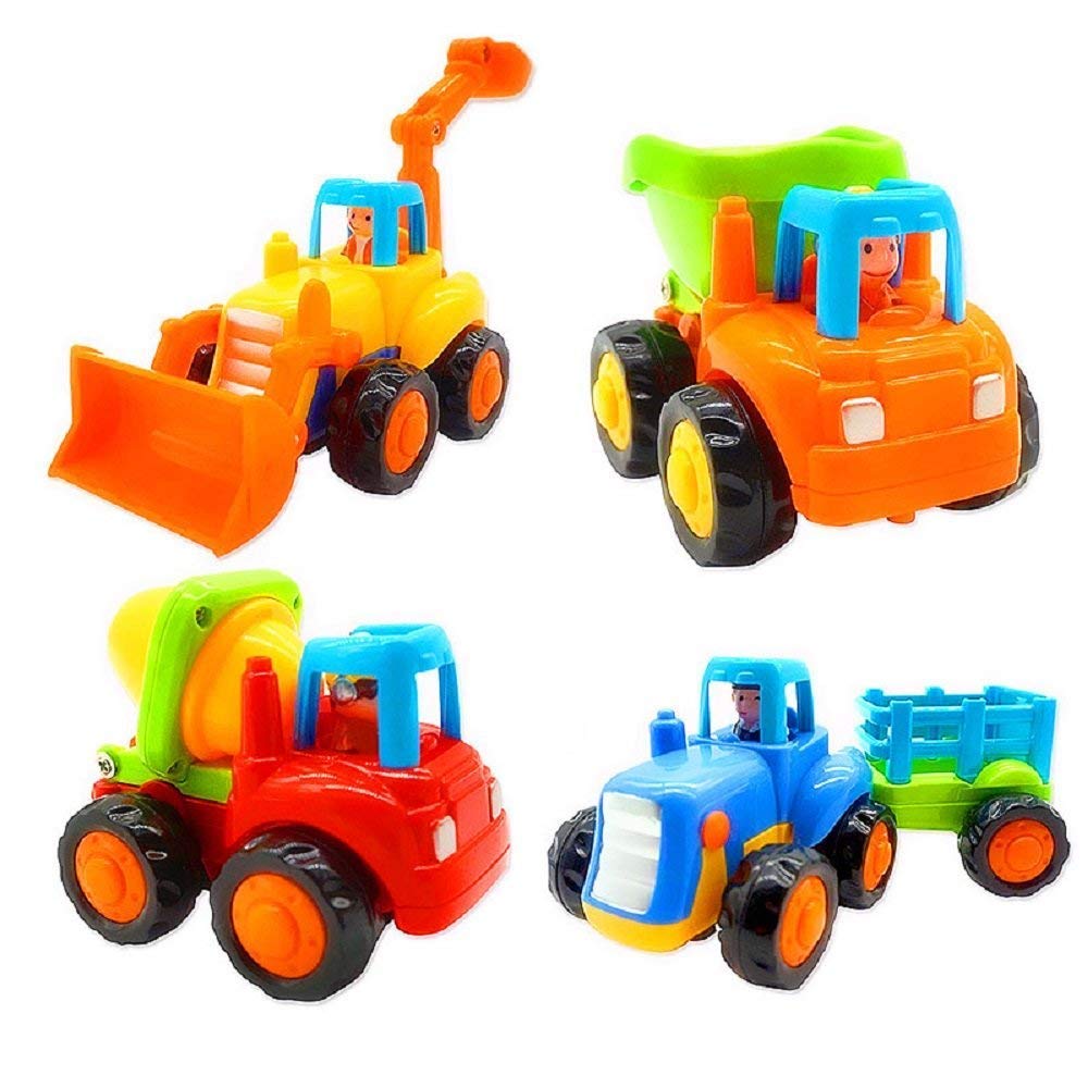 Book Cover Fu T Powered Cars Push and Go Car Construction Vehicles Toys,Dump Truck, Cement Mixer, Bulldozer, Tractor, Back Cartoon Play for 1 2 3 Years Old Boys Toddlers Kids Gift ( Set of 4)