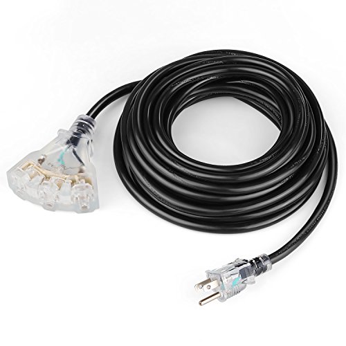 SIMBR 25 ft Extension Cord Outdoor Heavy Duty 14/3 with Triple Outlets, Lighted 14 Gauge, 3 Prong, 15 Amps, UL Listed, Black