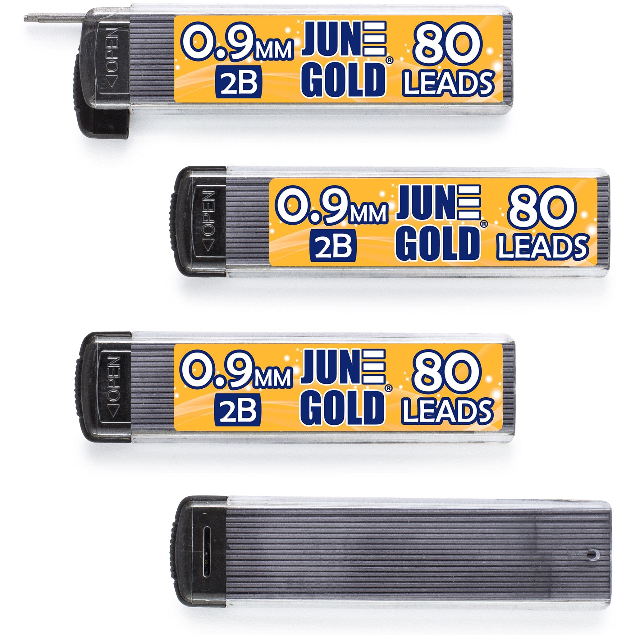 June Gold 320 Pieces, 0.9 mm 2B Lead Refills, 80 Pieces Per Tube, Bold Thickness, Break Resistant Lead/Graphite (Pack of 4 Dispensers) 2B Graphite 0.9 mm