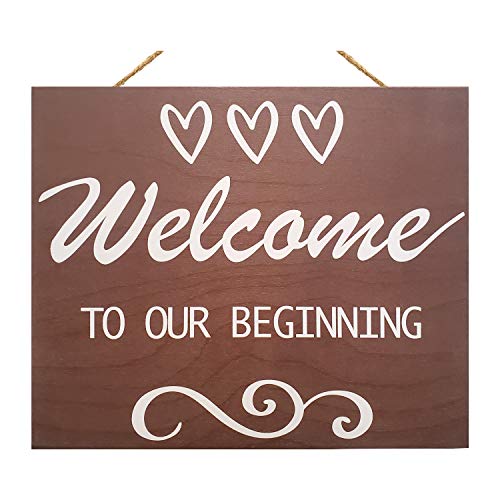 JennyGems Welcome To Our Beginning Sign - Wedding Sign - House Warming - Rustic Welcome Sign - Wooden Home Signs - Housewarming Gift - Farmhouse Decor, Front Door Decorations, Wedding Welcome Sign