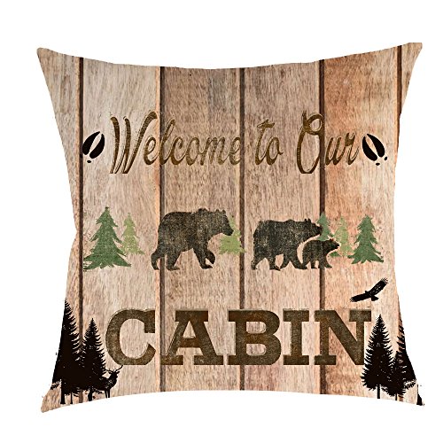 Book Cover Welcome to The Cabin Wild Free Animal Bear Pine Tree Cotton Linen Square Throw Waist Pillow Case Decorative Cushion Cover Pillowcase Sofa 18x18 inches (4)