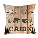 Welcome to The Cabin Wild Free Animal Bear Pine Tree Cotton Linen Square Throw Waist Pillow Case Decorative Cushion Cover Pillowcase Sofa 18x18 inches