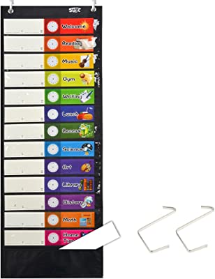 Daily Schedule Pocket Chart， Black Class Schedule with 26 Cards, 13+1 Pockets. 13 Colored + 13 Blank Double-Sided Reusable Cards, Easy Over-Door Mountings Included. (13" x 36")