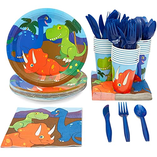 Book Cover 144 Piece Kids Dinosaur Birthday Party Supplies with Plates, Knives, Spoons, Forks, Cups, and Napkins (Serves 24)
