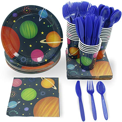 Juvale Outer Space Party Supplies - Serves 24 - Includes Plates, Knives, Spoons, Forks, Cups and Napkins. Perfect Outer Space Birthday Party Pack for Kids Planet Themed Parties.