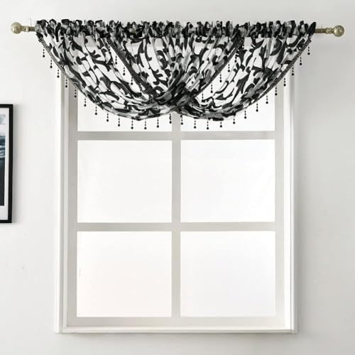 NAPEARL Beaded Valance Curtain-Elegant Jacquard Swags for Decorating, Waterfall Window Valance for Kitchen, Small Window, Bathroom, 1 Sheer Valance ( 57 x 37 Inch, Black )