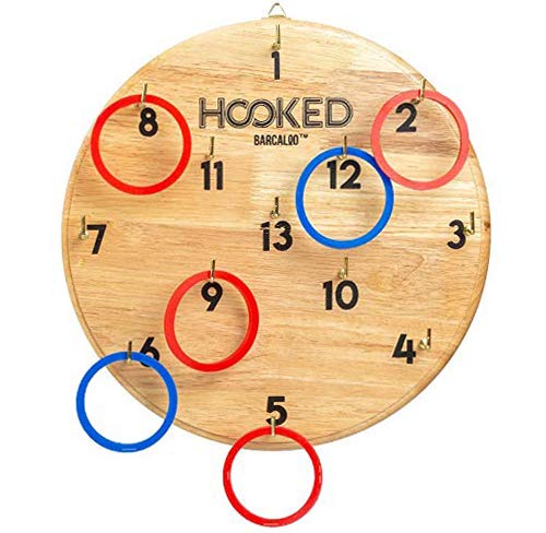 Book Cover Hooked Ring Toss Game | Hook and Ring Game for Adults & Kids | Indoors -Outdoors Family Fun | Bar, Home, Office, Basement | 6 Blue, 6 Red Rubber Rings for 2 Player Fun