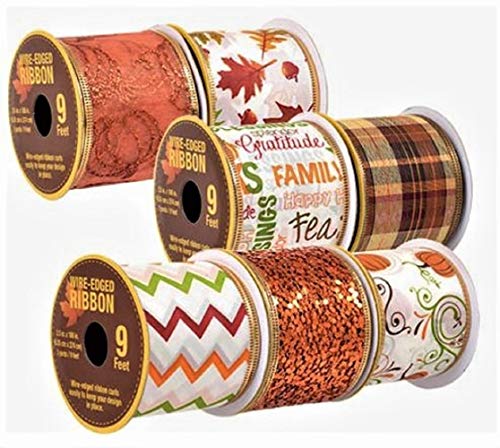 Decorative Autumn Harvest Fall Wire-Edged Ribbon, 3-yd. Spools, 7-ct Set