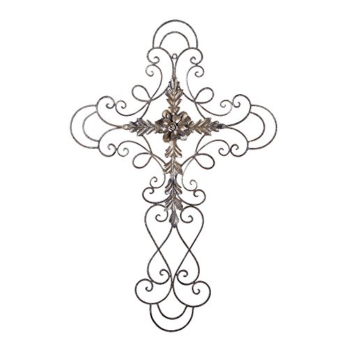 Adeco Black Scrolled Flower Cross Metal Wall Decor - Art Oblong Living Room Home Decoration - 27.5x18 Inches