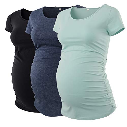 Liu & Qu Womens Maternity Tops 3 Packs Classic Side Ruched Short Sleeve Pregnancy Shirts
