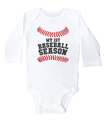 Baffle Baseball Baby Onesie/My First Baseball Season/Baby Bodysuit Outfit (Newborn, White Long Sleeve)
