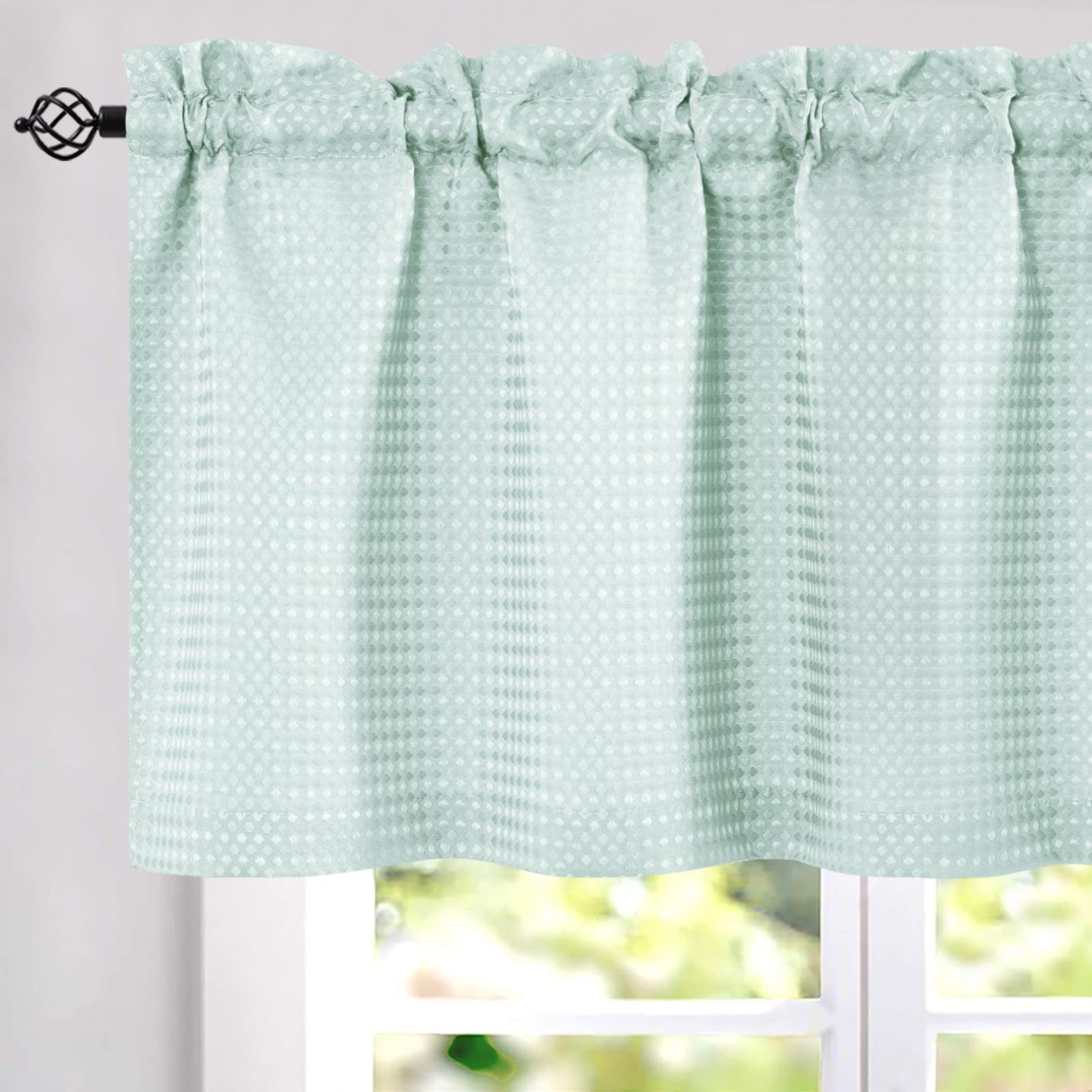 Lazzzy Teal Valances for Windows Kitchen Curtains Waffle Weave Textured Valance for Living Room Bedroom Bathroom Half Short Drapes Rod Pocket Home Decoration, 60" W x 18" L, Light Teal, 1 Panel W60 x L18 Light Teal