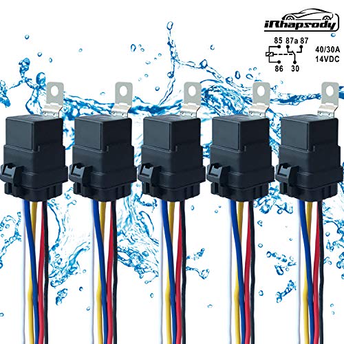 5 PACK 40/30 AMP 12 V DC Waterproof Relay and Harness - Heavy Duty 12 AWG Tinned Copper Wires, 5-PIN SPDT Bosch Style Automotive Relay