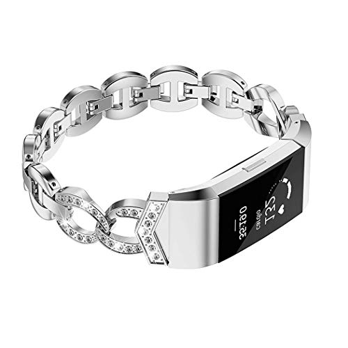 Wearlizer Compatible for with Charge 2 Bands Metal Replacement Charge hr 2 Bands/Assesories/Strap Adjustable for Bands Charge 2 Bling Style Silver