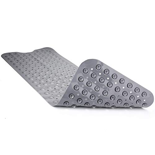 THETIS Homes Bath Tub and Shower Mat, Extra Long 16â€ x 40â€ Bathroom Mat with Suction Cups and Drain Holes Gray