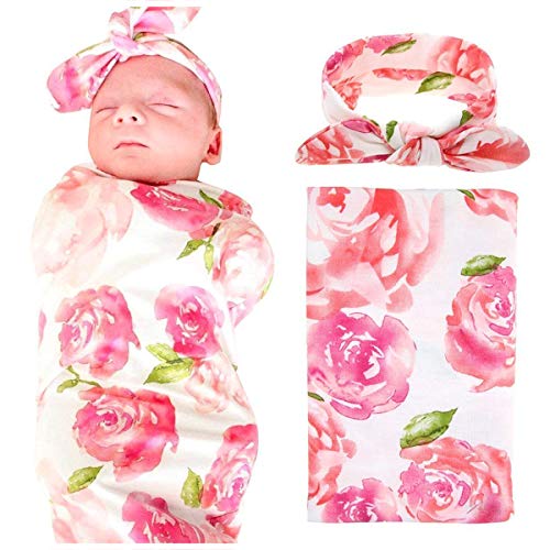 Book Cover EP.Queen Baby Swaddle Blanket Wraps with Headband, Newborn Receiving Blankets, Pink Flower