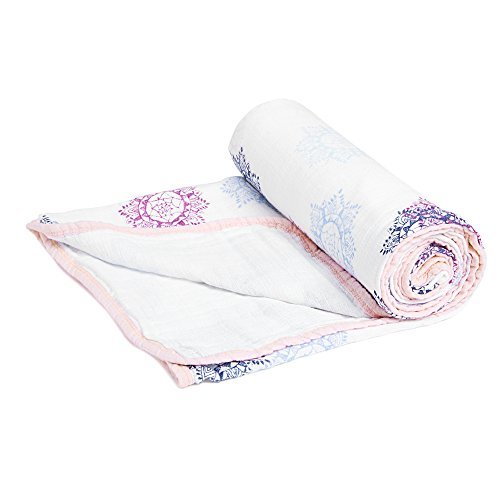 aden + anais Aden Stroller Blanket, 100% Cotton Muslin, 2 Layer Lightweight and Breathable, 27.5 x 27.5 inch, Pretty Pink Medallions