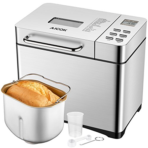 Book Cover Automatic Bread Maker[2018 Upgraded], Aicok 2.2LB Fully Stainless Steel Bread Machine with Dispenser(19 Programs, 3 Loaf Sizes, 3 Crust Colors, 15-Hour Delay Timer, 1H Keep Warm, Gluten Free Setting)