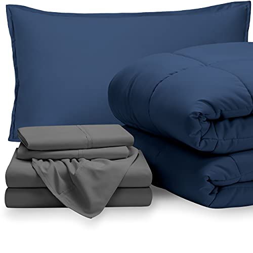 Book Cover Bare Home Bedding Set 5 Piece Comforter & Sheet Set - Twin XL - Goose Down Alternative - Ultra-Soft 1800 Premium Bed Set (Twin XL, Dark Blue/Grey)