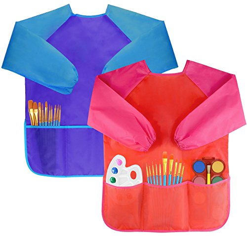 Pack of 2 Kids Art Smocks, Children Waterproof Artist Painting Aprons Long Sleeve with 3 Pockets for Age 2-6 Years by Bassion