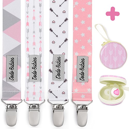 Book Cover Pacifier Clip by Dodo Babies Pack of 4 + Pacifier Case, PremiumÂ Quality for Girls Modern Designs Universal Holder Leash for Pacifiers, Teething Toy or Soothie, Baby Shower Gift Set