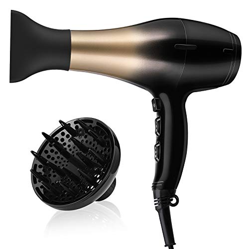 KIPOZI 1875W Hair Dryer, Negative Ionic Blow Dryer, Salon Grade Powerful Hairdryer with Concentrator&Diffuser, 2 Speed and 3 Heat Settings, Lightweight and Quiet /Packaging Vary (Golden Black)