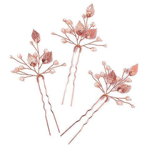 Missgrace Bridal Crystal Leaf Rose Gold Hair Pins Women Crystal Headpiece Wedding Rose Gold Leaf Hair Pins Clip Hair Jewelry Wedding Hair Accessories (Pack of 3)