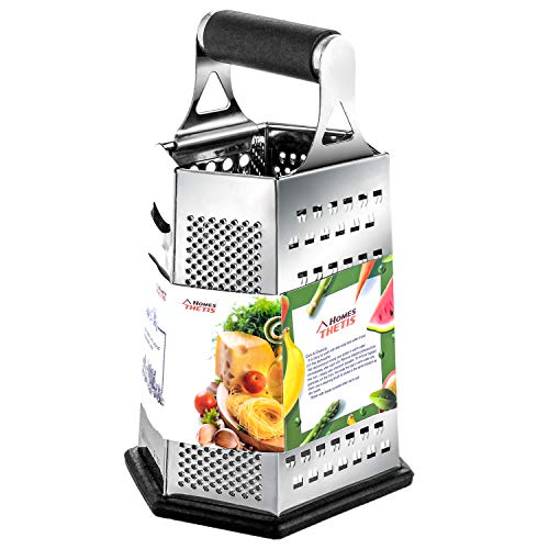 Kitchen Box Grater, Stainless Steel Cheese Grater - 6 Sides Stand Grater with Rubber Handle & Base for Parmesan Cheese, Ginger, Vegetables by THETIS Home