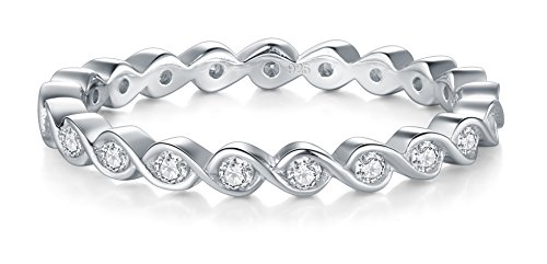 BORUO 2MM 925 Sterling Silver Ring, Cubic Zirconia CZ Wedding Band Stackable Ring Size 4-12