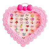 Elesa Miracle 36pcs Children Kids Little Girl Adjustable Jewelry Rings in Box, Girl Pretend Play and Dress Up Rings with Heart Shape Display Case