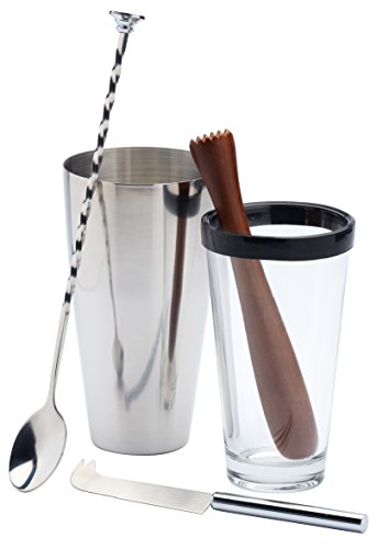 BarCraft 4-Piece Stainless Steel, Glass and Wood Mojito Cocktail Set
