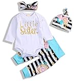 YOUNGER STAR 4Pcs Baby Girls Clothes Little Sister Long Sleeve Romper+Striped Long Pants+Hat (0-6 Months, White Stripe)