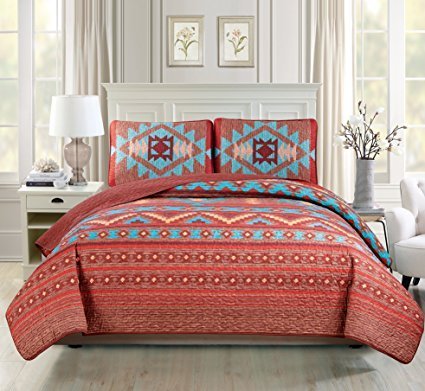 Book Cover Western Southwestern Native American Tribal Navajo Design 3 Piece Multicolor Turquoise red Orange Brown Oversize King / California King Bedspread Quilt Coverlet Set (118