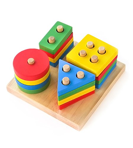 Boxiki kids Wooden Stacking Toys & Shape Sorting Board | Geometric Shape Stacker | Eco-Friendly & Non-Toxic Wooden Toy | Early Childhood Development Toys for Fine Motor Skills