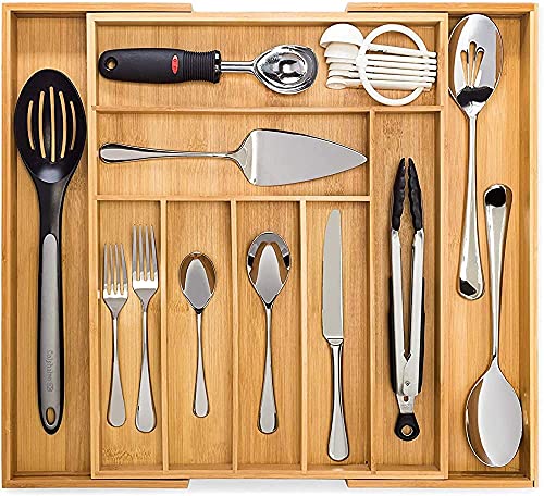 Premium Bamboo Drawer Organizer, Silverware Organizer, 100% Pure Bamboo, Adjustable Utensil Organizer, Kitchen Drawer Organizer, Silverware Tray for Drawer (7-9 slots)