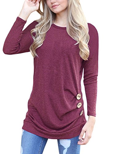 OURS Women's Casual Long Sleeve Round Neck Solid Loose Fit Tunic Shirt Blouse Tops