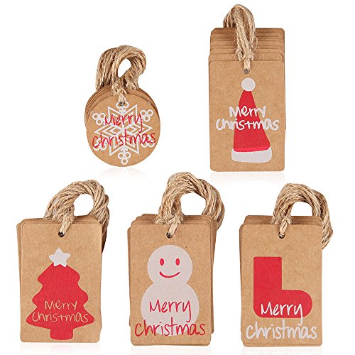 Book Cover Coogam 50 Pack Brown Kraft Paper Christmas Gift Tags with Twine String Tie on Smooth for Writing - 5 Designs for DIY Xmas Holiday Present Wrap Stamp and Label Package Name Card