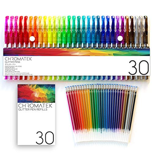 Glitter Pens 60 Set by Chromatek. Best Colors. 200% the Ink: 30 Gel Pens, 30 Refills. Super Glittery Ultra Vivid Colors. No Repeats. Professional Art Pens. Loved by Adults and Children. Perfect Gift!