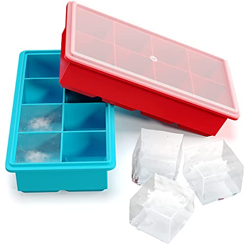 Vremi Large Ice Cube Trays for Whiskey - 2 Pack Silicone Tray Set with BPA Free Plastic Lids for 16 Square Cubes Flexible Stackable Easy Release Freezer Molds for Soap Making or Dog Treats - Red Blue