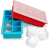 Vremi Stackable Large Ice Cube Trays — Pack of 2 Silicone Trays — 8 Cubes per Tray — Ideal for Cocktails, Frozen Treats, Soups, Sauces,and Baby Food — BPA Free with Frost Resistant Lids — Red and Blue