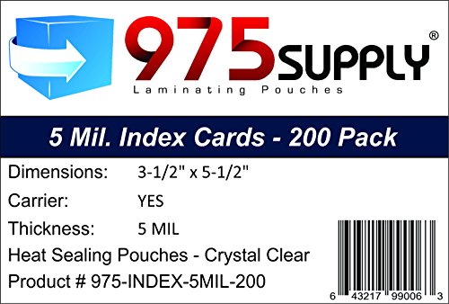 Book Cover 975 Supply 5 Mil Index Card Laminating Pouches, 3.5 x 5.5 inches, 200 Pouches