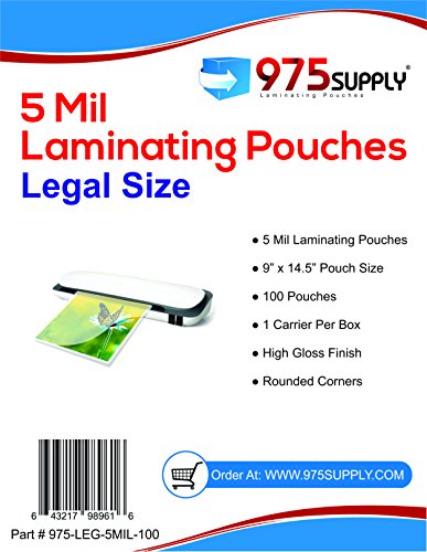 Book Cover 975 Supply 5 Mil Clear Legal Size Thermal Laminating Pouches, 9 X 14.5 inches, 100 Pouches