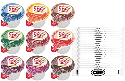 Coffee mate Liquid Creamer Singles 9 Flavor Variety Pack, Includes Original, French Vanilla, Hazelnut, Café Mocha, Italian Sweet Crème (Pack of 180) With By the Cup Sugar Packets